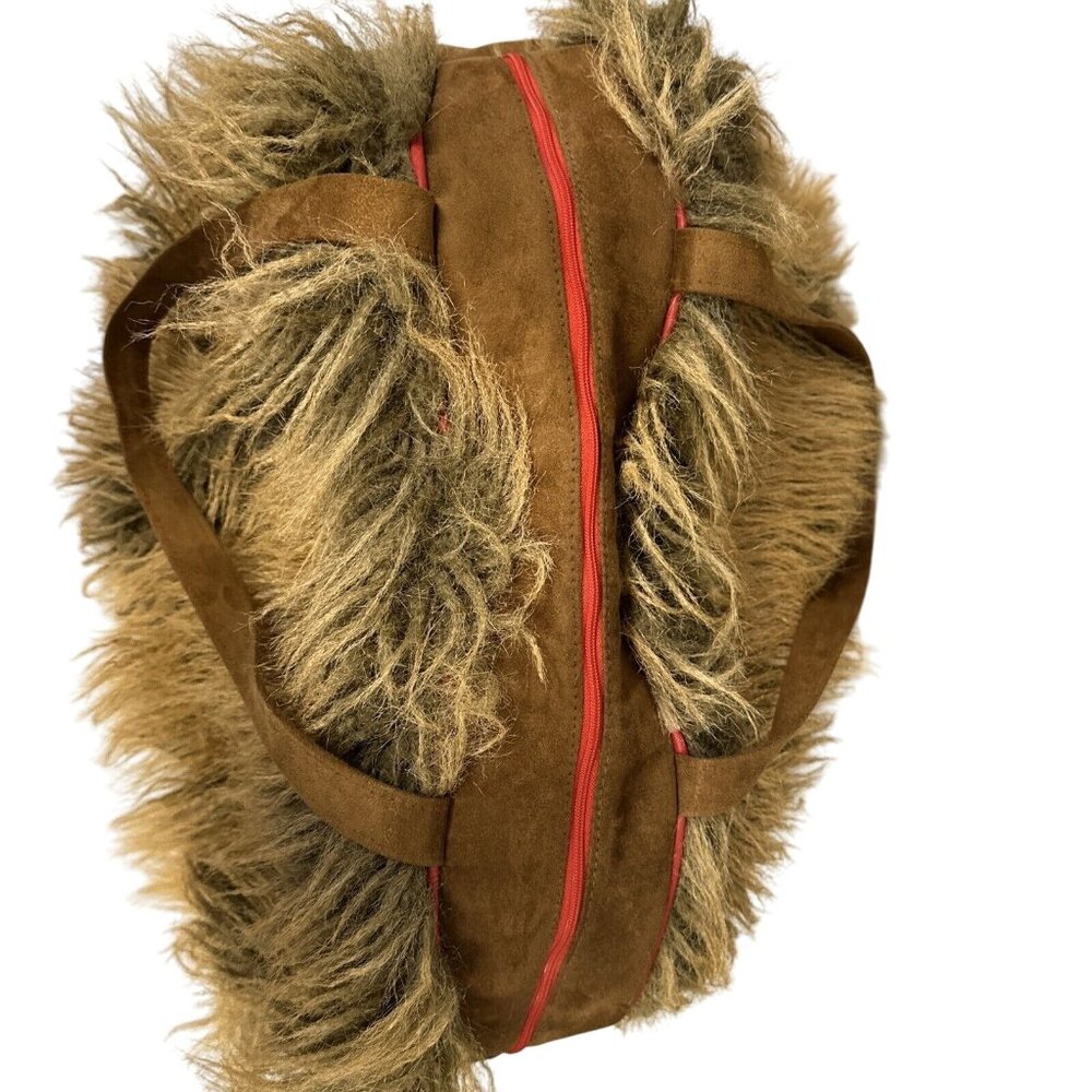 Atenti Brown Faux Fur Shag Weekender Overnight Travel Bag Red Trim Vintage - Picture 6 of 13